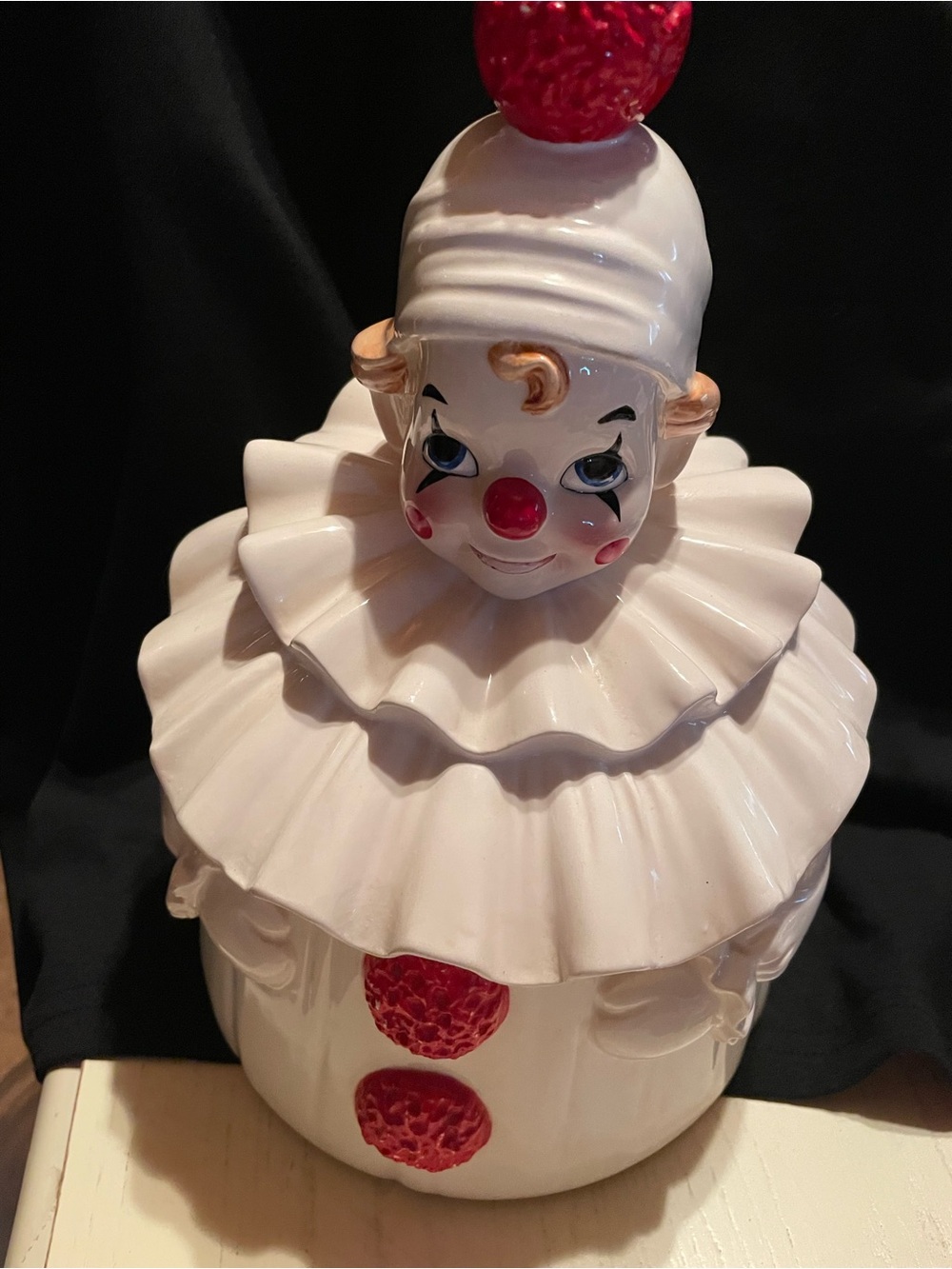 Old White Clown Ceramic Cookie Jar with Red Accents